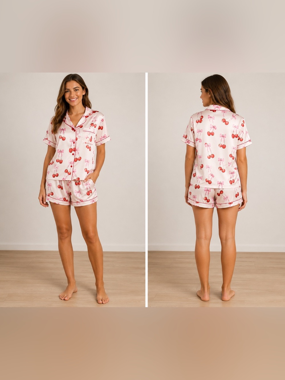 Pink Cherry-Print Short Pajama Set